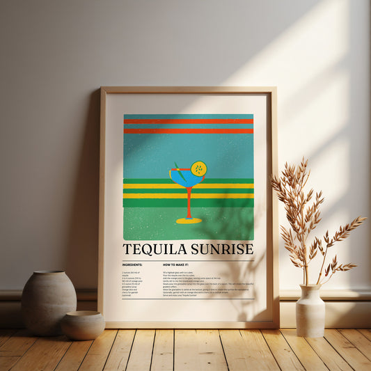 Tequila Sunrise print, Classic cocktail print, Drinks prints, Wall art, Bar poster, Cocktail recipe, Alcohol gifts, Cocktail lover Gift