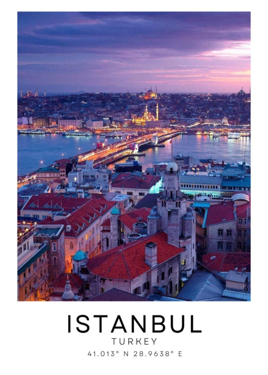Istanbul city print. Colour Turkiye travel poster.