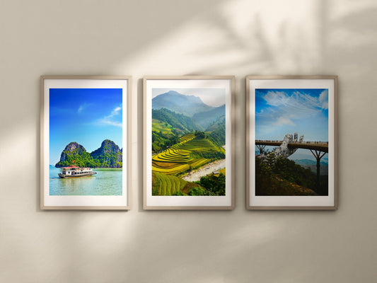 Set of 3 Vietnam prints, City prints, Holiday destinations, Colour travel photos, Home decor, Travel print, Sapa rice fields, Golden Bridge