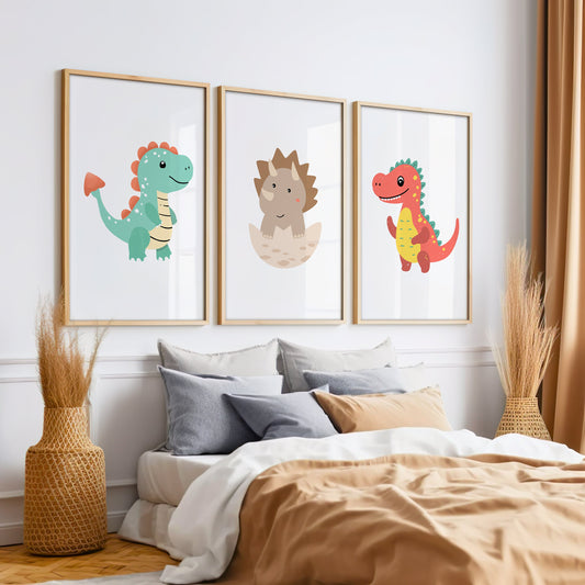 Set of 3 Children's bedroom prints, Nursery wall art, Kid's bedroom poster, Baby nursery prints, baby animals, Home decor, Dinosaur pictures