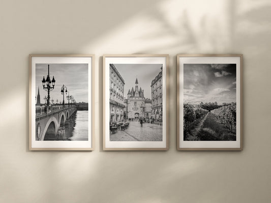 Set of 3 Bordeaux prints, City prints, Black and white France photographs, Home decor, Travel print, Gift, Wall art, French vineyard image