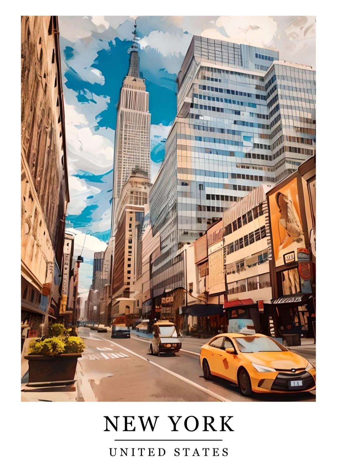 Watercolour New York city print, Retro style travel poster, USA wall art, Yellow cab print, Manhattan poster, Home decor, World city art