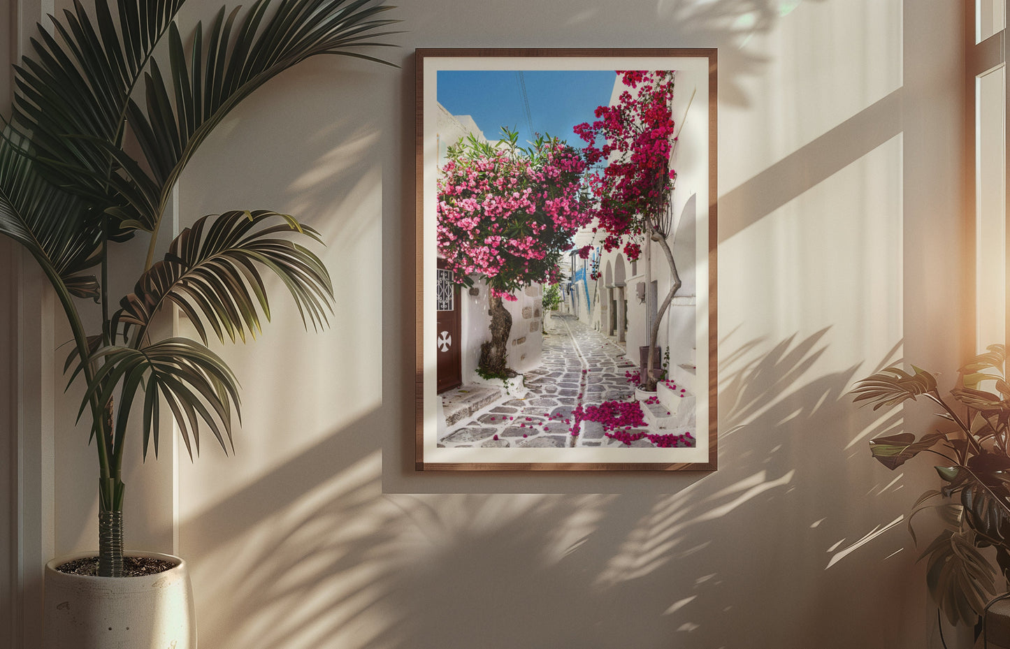 Greece print. Colourful bougainvillea poster.