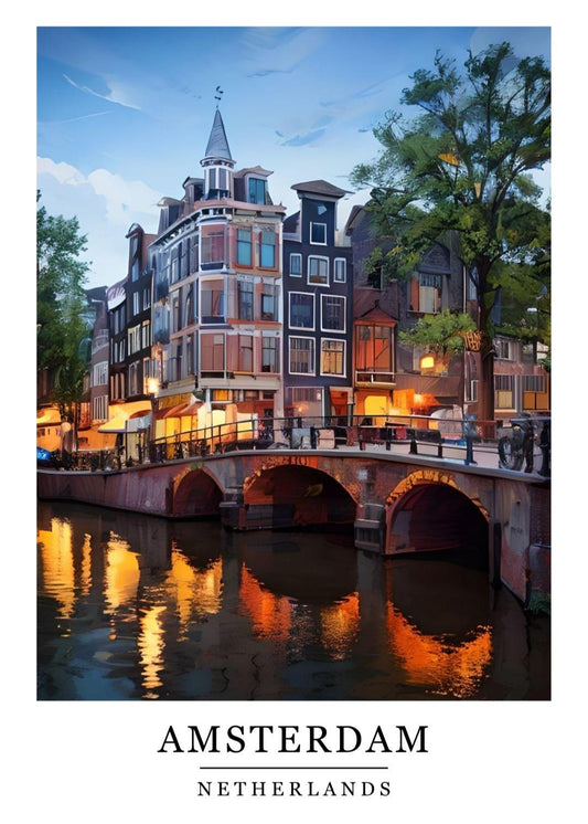 Watercolour Amsterdam print, Retro style travel poster, Netherlands city wall art, Home decor, Holiday locations poster, World places prints