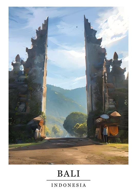 Watercolour Bali print, Retro style travel poster, Indonesia wall art, Pura Lempuyang, Home decor, Holiday location art, World places prints