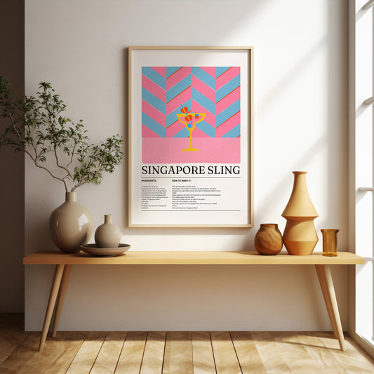 Singapore Sling print, Cocktail print, Drinks prints, Wall art, Bar poster, Cocktail recipe, Alcohol gifts, Cocktail lover Gift
