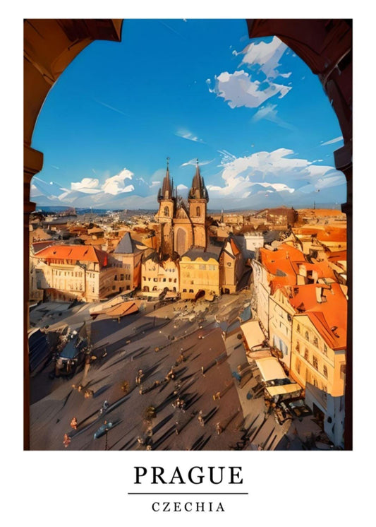 Watercolour Prague print, Retro style travel poster, Czechia wall art, Europe city wall art, Holiday locations art, Prague old town square