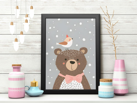 Bear and bird print. Children's bedroom poster.