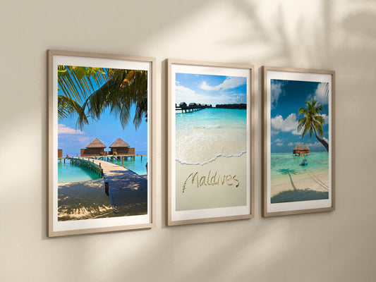 Set of 3 Maldives prints, Malé Water Villa prints, Holiday memories prints, Travel photograph, Beach posters, Island beach Bathroom wall art