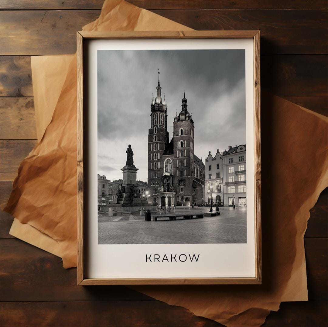 Krakow city print. Poland travel poster.