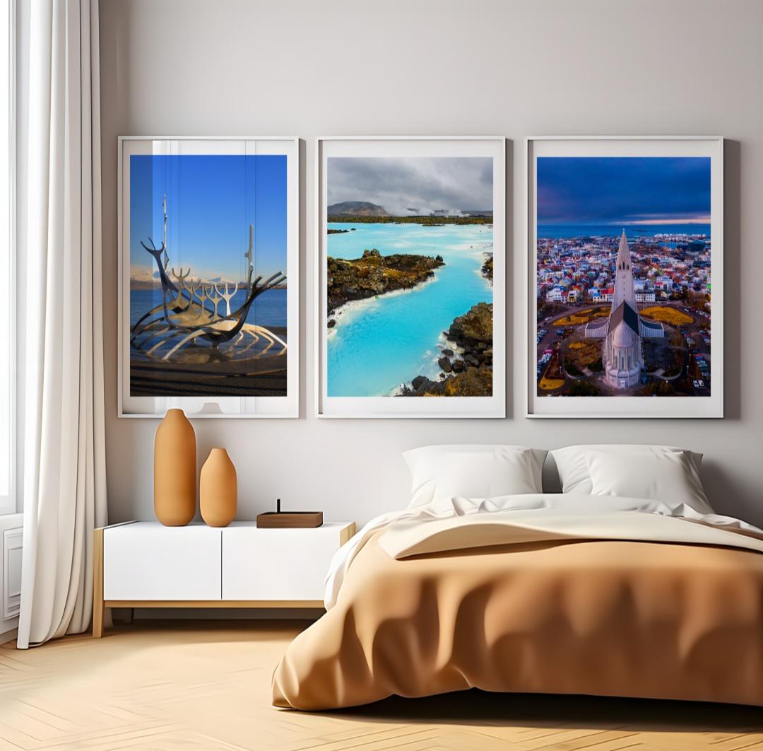 Set of 3 Reykjavik prints, Iceland prints, City prints, Colour travel photos, Travel posters, Hallgrimskirkja art, Blue Lagoon wall art