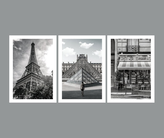 Set of 3 Paris prints, Travel prints, City prints, Eiffel Tower print, Louvre poster, Black and white art, Travel posters, Paris street art