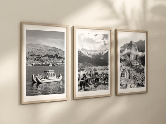 Set of 3 Peru prints, Machu Picchu prints, Black and white travel photograph, Home decor, Travel posters, Gift, Wall art, Andes, Uros