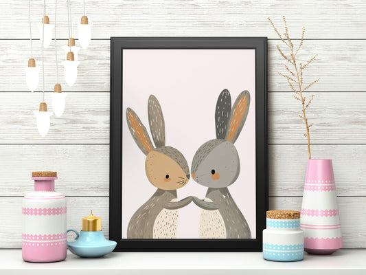Grey rabbits poster. Children's bedroom print.
