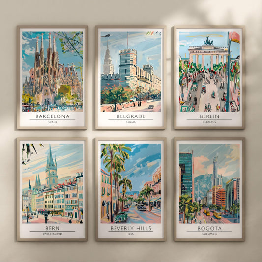Watercolour style city prints. Choose from 116 locations listed.