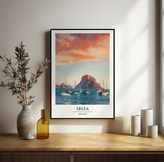 Watercolour Ibiza print, Retro style travel poster, Balearic wall art, Home decor, Holiday locations poster, World places prints