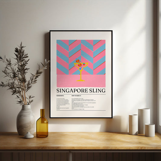Singapore Sling print, Cocktail print, Drinks prints, Wall art, Bar poster, Cocktail recipe, Alcohol gifts, Cocktail lover Gift