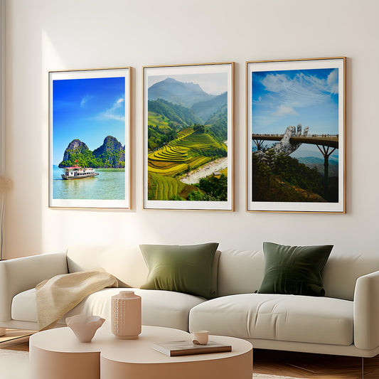 Set of 3 Vietnam prints, City prints, Holiday destinations, Colour travel photos, Home decor, Travel print, Sapa rice fields, Golden Bridge