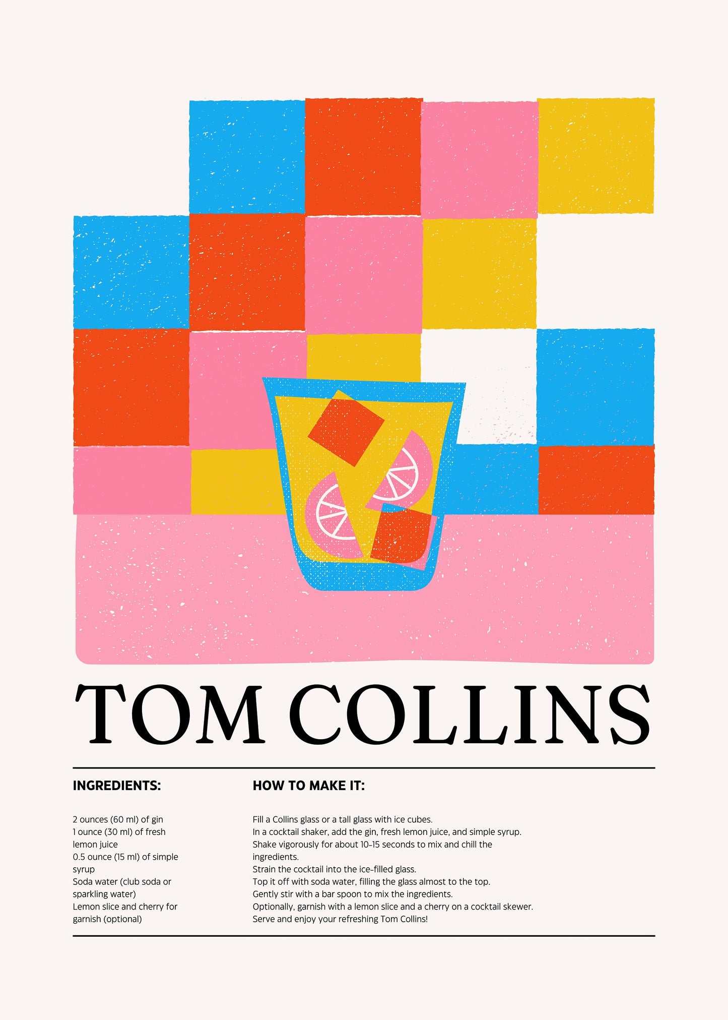 Tom Collins print in A4. Please read the product description as to why this classic cocktail poster is being discounted.