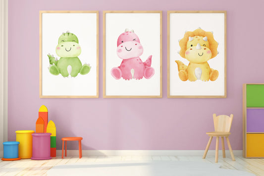 Set of 3 Children's bedroom prints, Nursery art, Kid's bedroom posters, Baby dinosaur prints, baby animals, Home decor, Playroom pictures