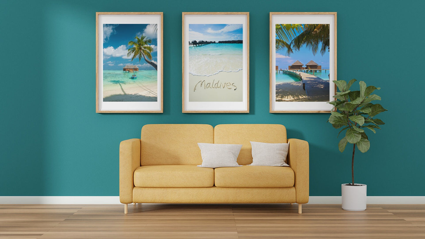 Set of 3 Maldives prints, Malé Water Villa prints, Holiday memories prints, Travel photograph, Beach posters, Island beach Bathroom wall art