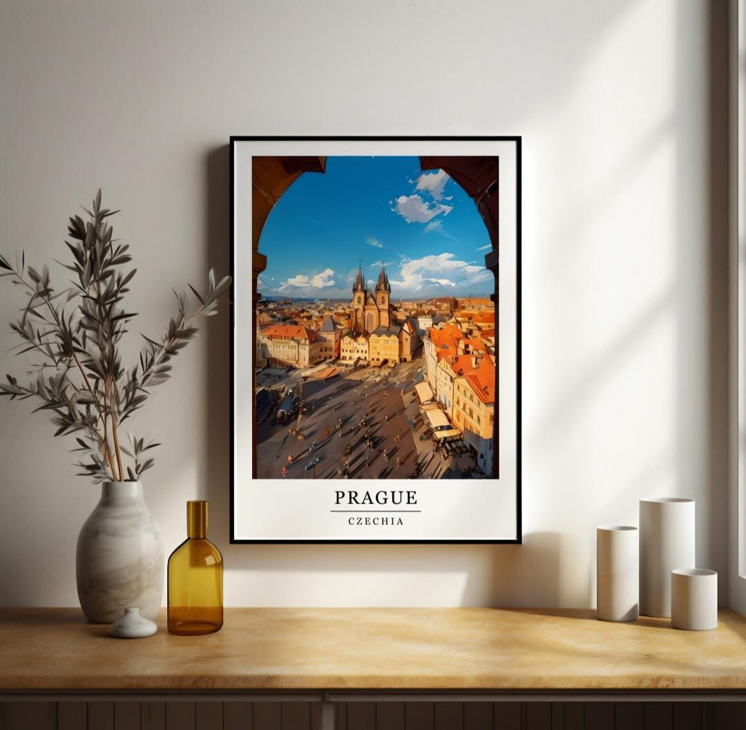 Watercolour Prague print, Retro style travel poster, Czechia wall art, Europe city wall art, Holiday locations art, Prague old town square