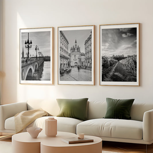 Set of 3 Bordeaux prints, City prints, Black and white France photographs, Home decor, Travel print, Gift, Wall art, French vineyard image