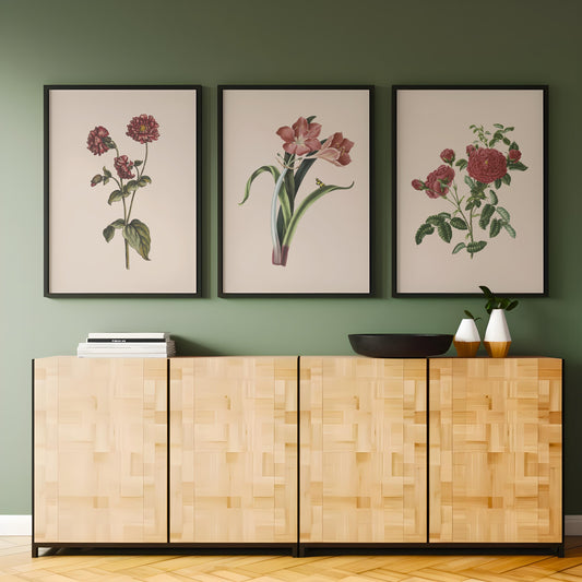 Set of 3 vintage floral prints, Living room art, Neutral prints, Bedroom posters, Bathroom wall art, Flowers artwork, Pink floral posters