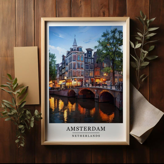 Watercolour Amsterdam print, Retro style travel poster, Netherlands city wall art, Home decor, Holiday locations poster, World places prints