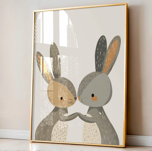 Grey rabbits poster. Children's bedroom print.