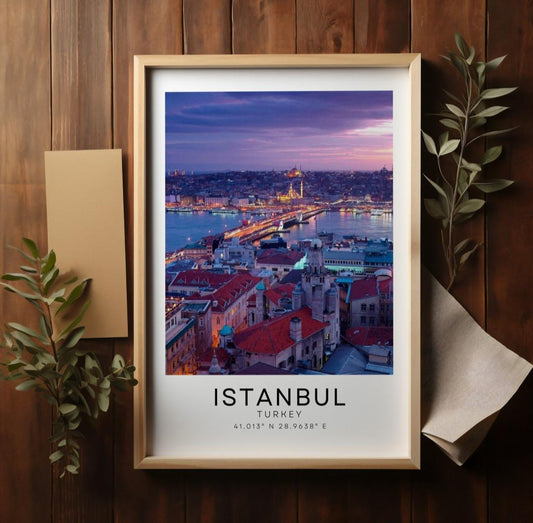 Istanbul city print. Colour Turkiye travel poster.