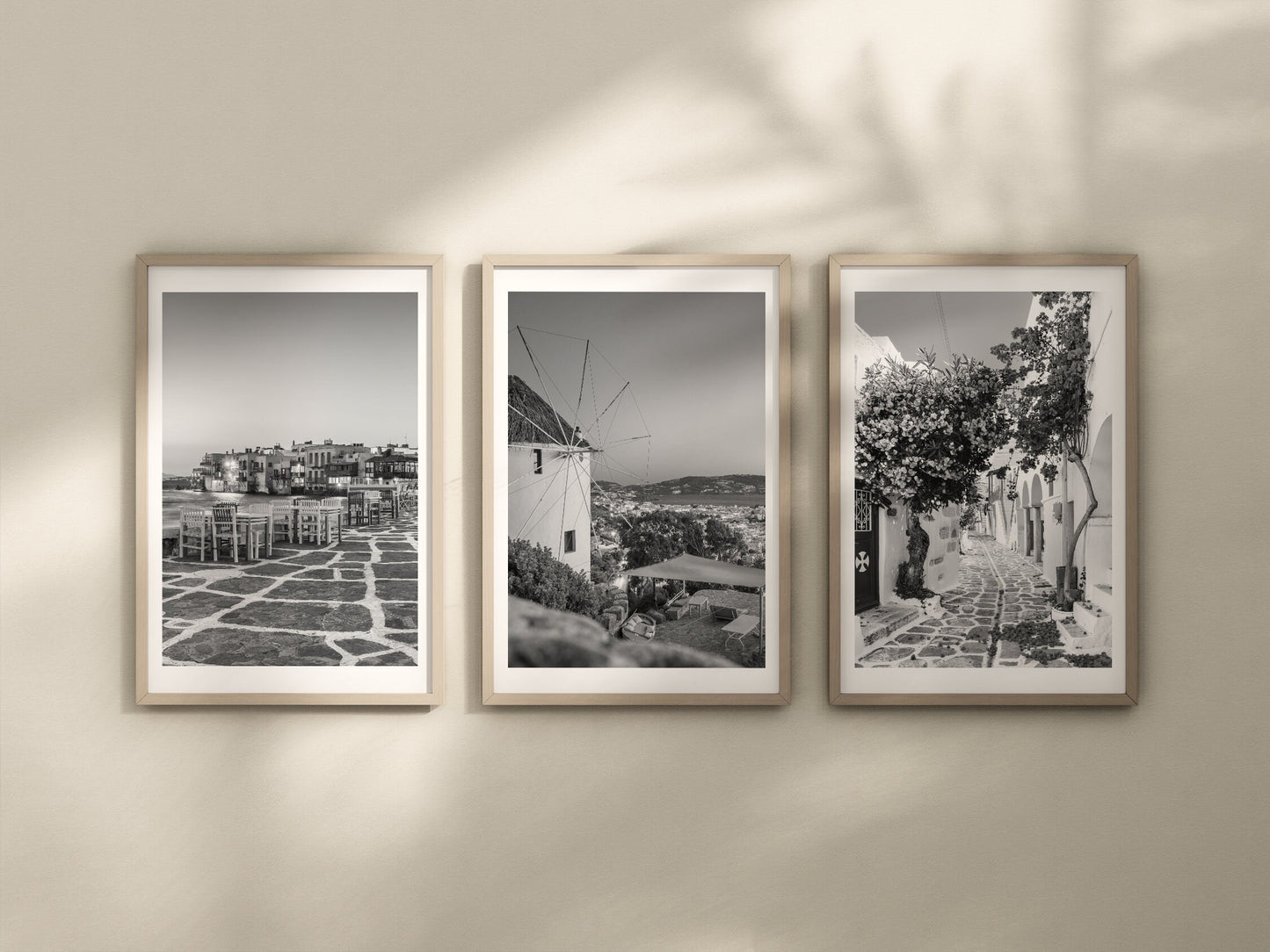 Set of 3 Mykonos prints, Greece prints, Black and white art, City prints, Travel photographs, Home Decor, Wall art, Holiday print