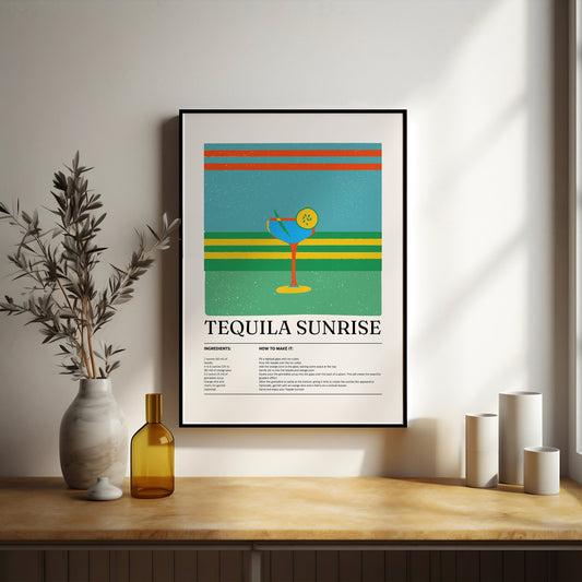 Tequila Sunrise print, Classic cocktail print, Drinks prints, Wall art, Bar poster, Cocktail recipe, Alcohol gifts, Cocktail lover Gift