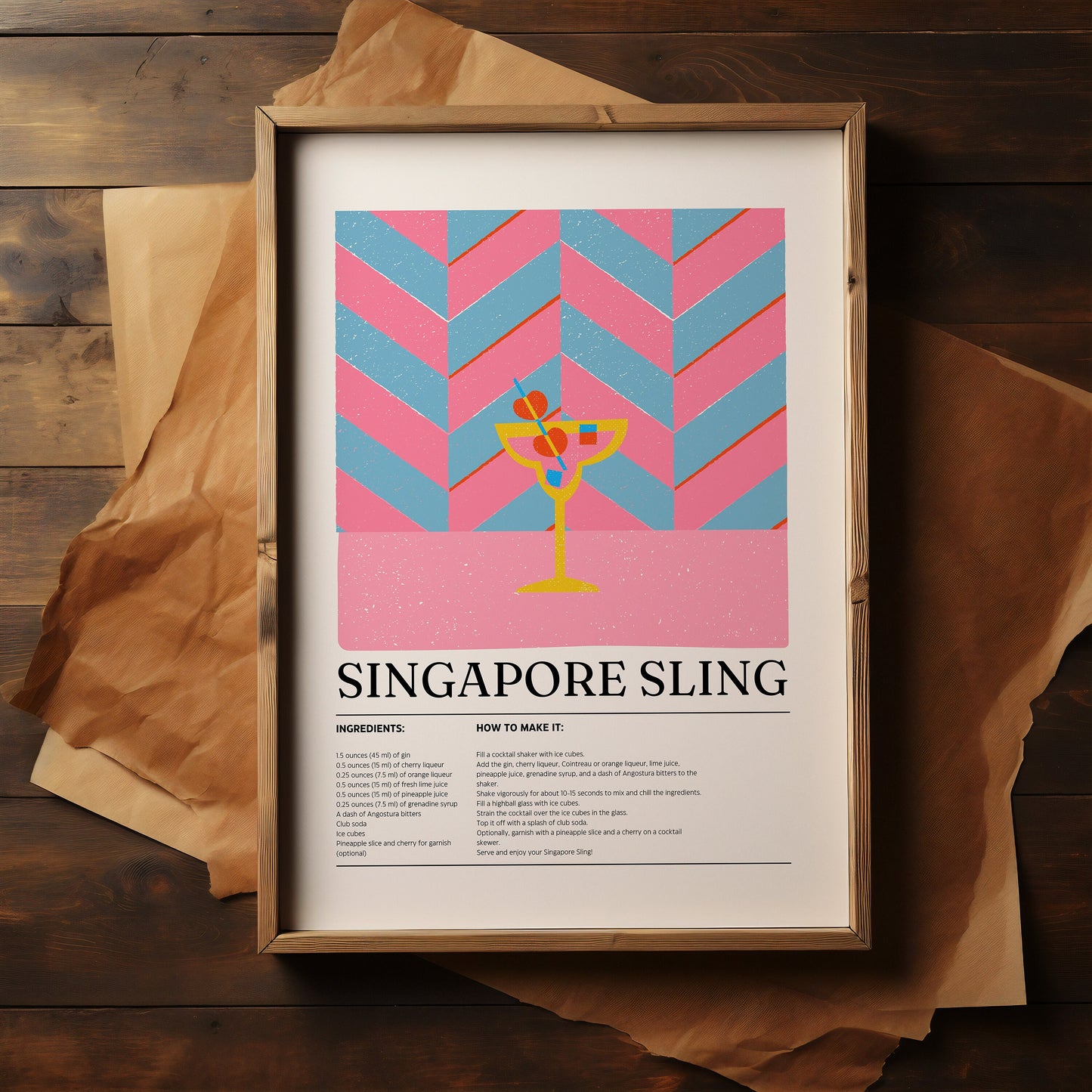Singapore Sling print, Cocktail print, Drinks prints, Wall art, Bar poster, Cocktail recipe, Alcohol gifts, Cocktail lover Gift