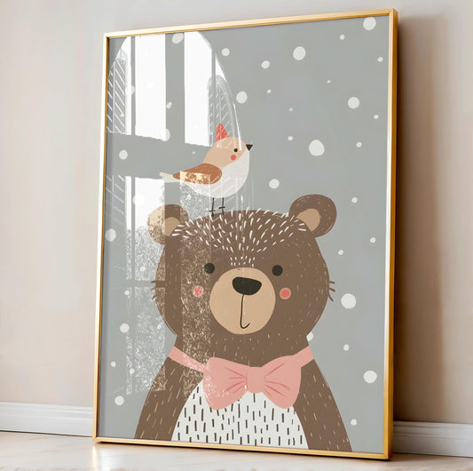 Bear and bird print. Children's bedroom poster.