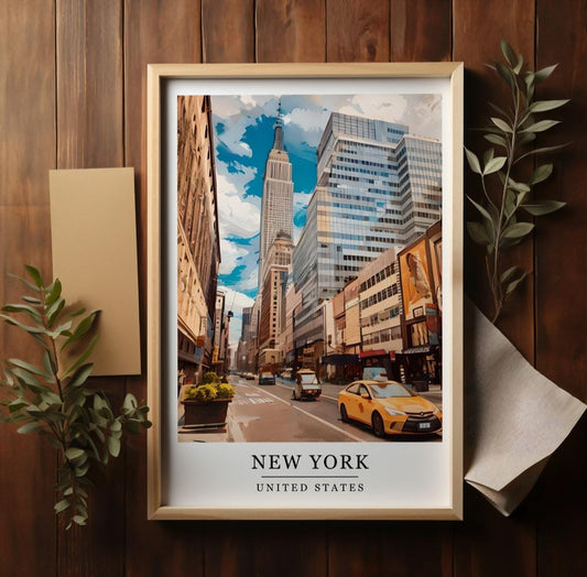 Watercolour New York city print, Retro style travel poster, USA wall art, Yellow cab print, Manhattan poster, Home decor, World city art