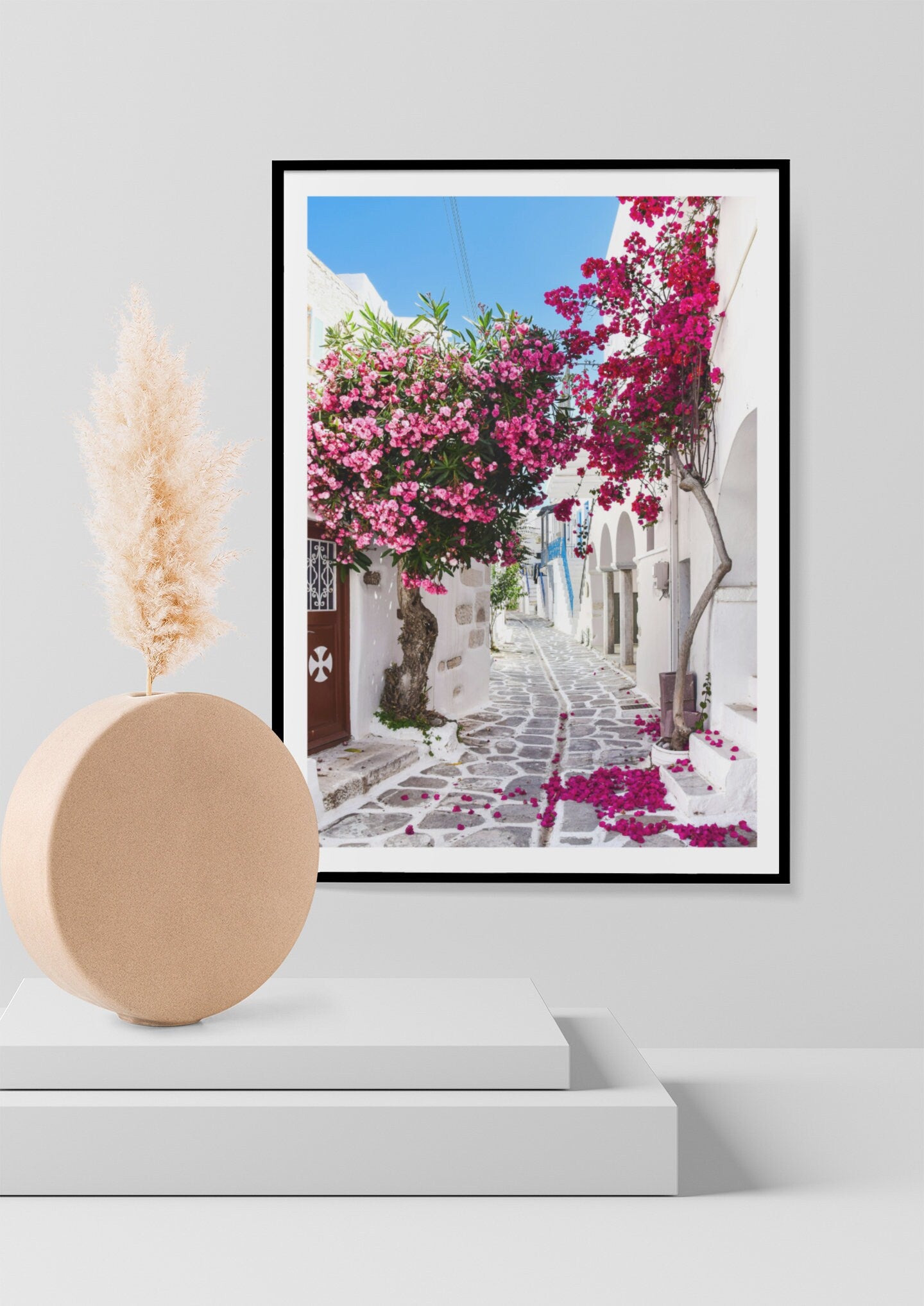 Greece print. Colourful bougainvillea poster.