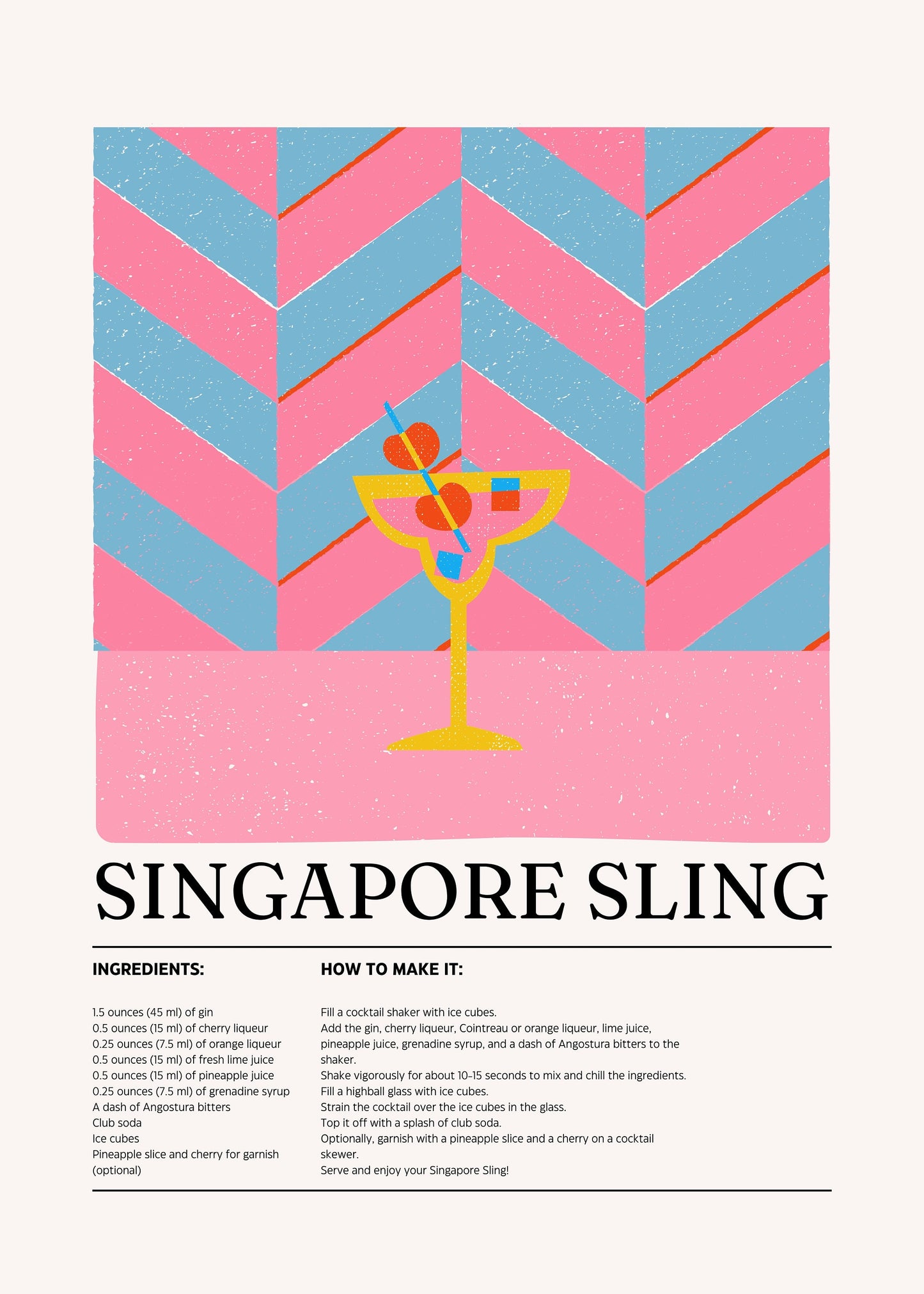 Singapore Sling print, Cocktail print, Drinks prints, Wall art, Bar poster, Cocktail recipe, Alcohol gifts, Cocktail lover Gift