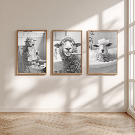 Set of 3 Sheep in the bathrooms posters