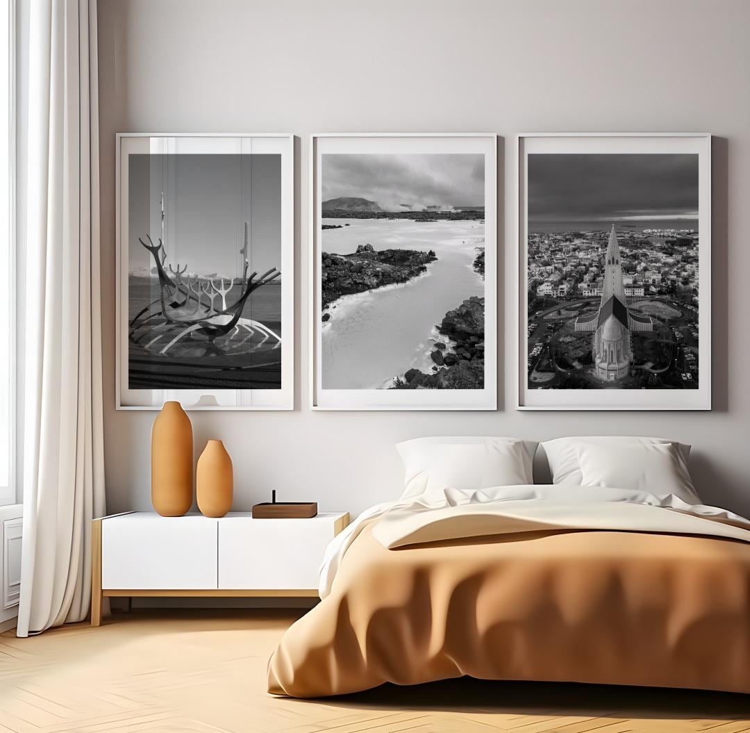 Set of 3 Reykjavik prints, Iceland prints, City prints, Travel posters, Hallgrimskirkja, Blue Lagoon and Sun Voyager wall art, Black & white