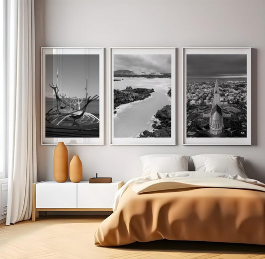 Set of 3 Reykjavik prints, Iceland prints, City prints, Travel posters, Hallgrimskirkja, Blue Lagoon and Sun Voyager wall art, Black & white