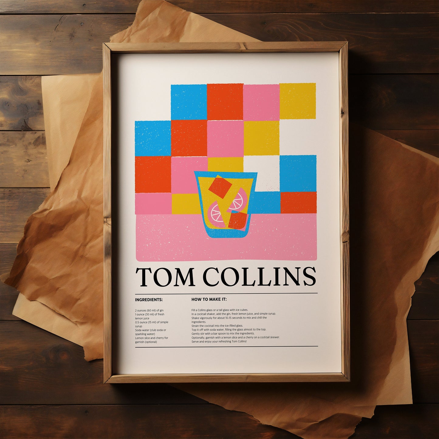 Tom Collins print, Classic cocktail print, Drinks prints, Wall art, Bar poster, Cocktail recipe, Alcohol gifts, Cocktail lover Gift