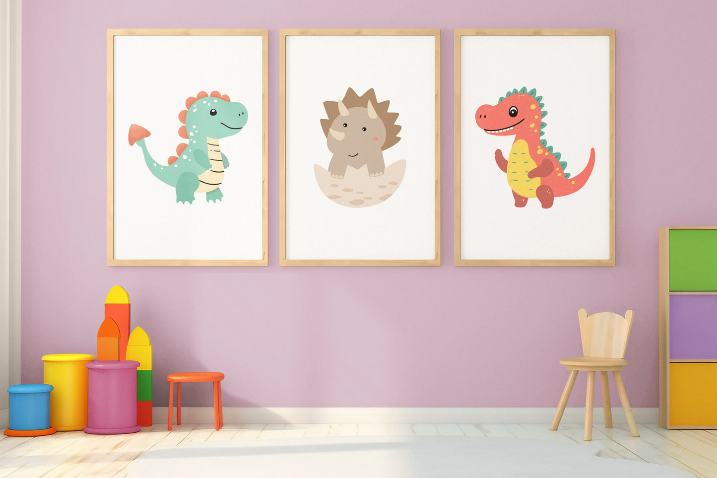 Set of 3 Children's bedroom prints, Nursery wall art, Kid's bedroom poster, Baby nursery prints, baby animals, Home decor, Dinosaur pictures