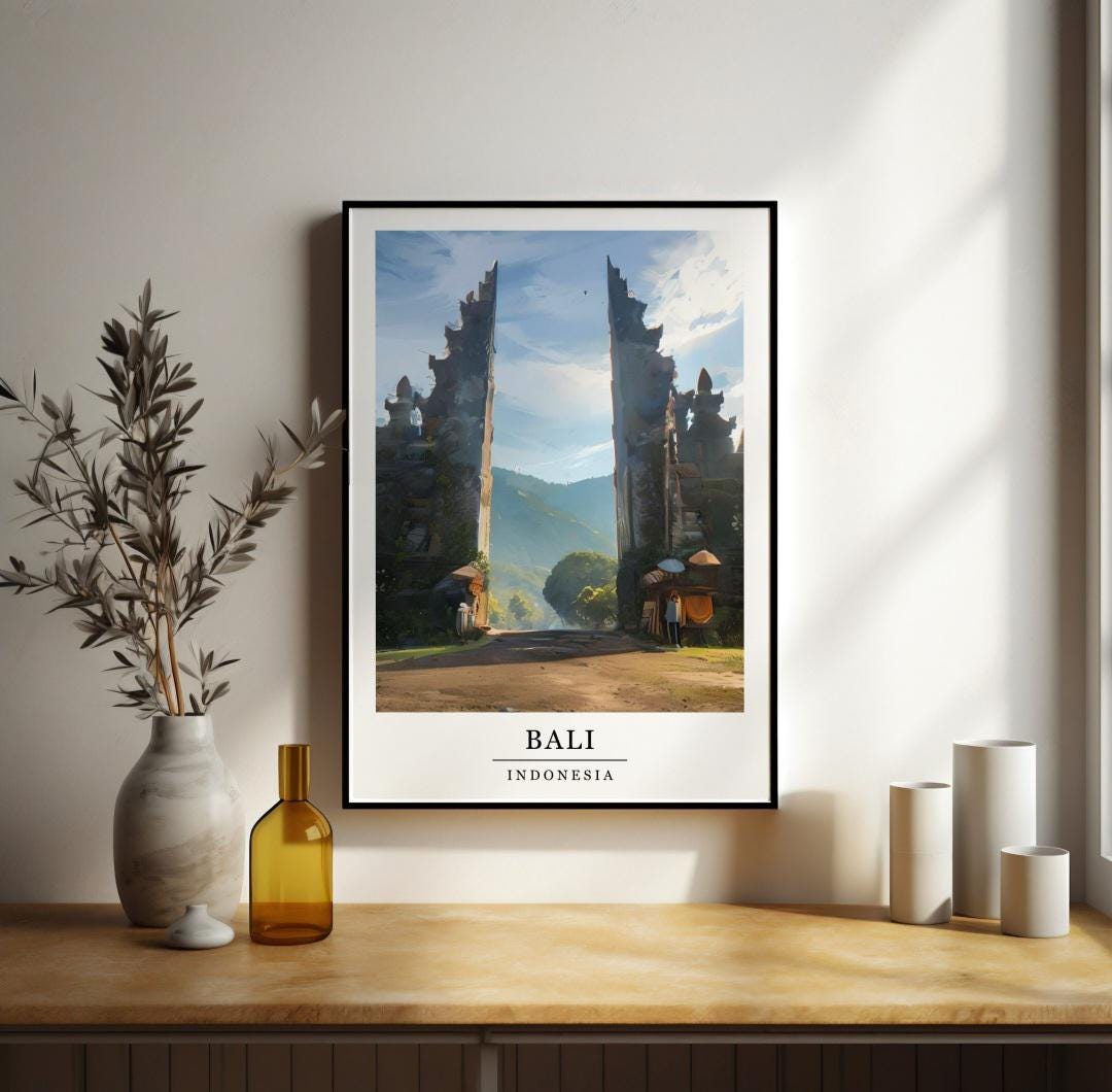 Watercolour Bali print, Retro style travel poster, Indonesia wall art, Pura Lempuyang, Home decor, Holiday location art, World places prints