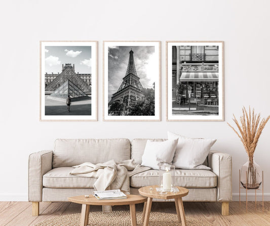 Set of 3 Paris prints, Travel prints, City prints, Eiffel Tower print, Louvre poster, Black and white art, Travel posters, Paris street art