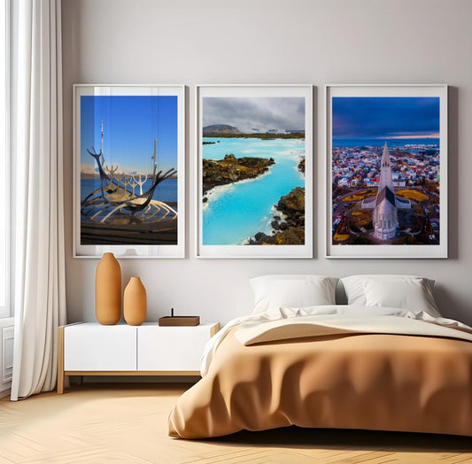 Set of 3 Reykjavik prints, Iceland prints, City prints, Colour travel photos, Travel posters, Hallgrimskirkja art, Blue Lagoon wall art