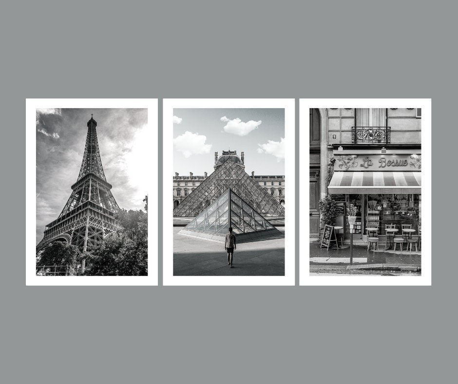 Set of 3 Paris prints, Travel prints, City prints, Eiffel Tower print, Louvre poster, Black and white art, Travel posters, Paris street art