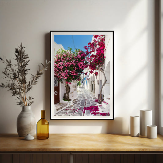 Greece print. Colourful bougainvillea poster.