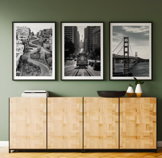 Set of 3 San Francisco prints, City prints, Black and white photographs, Travel posters, Bedroom wall art, Golden Gate Bridge, Cable car