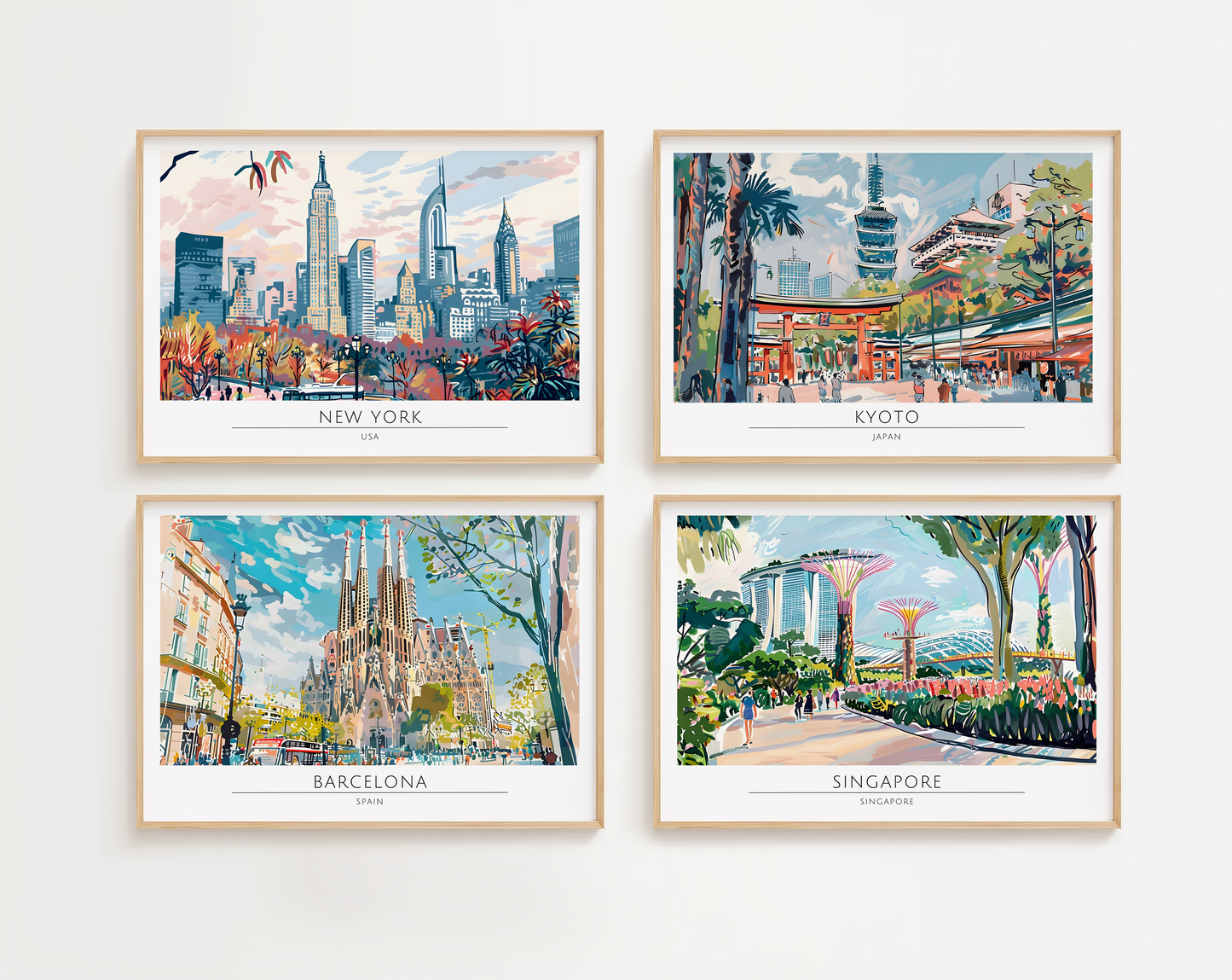 Watercolour style city prints in landscape. Choose from 44 locations listed.